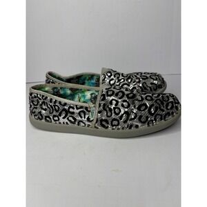 Skechers Bobs Womens Leopard Sequin Slip On Flats Silver Black SN 85040L Size 6